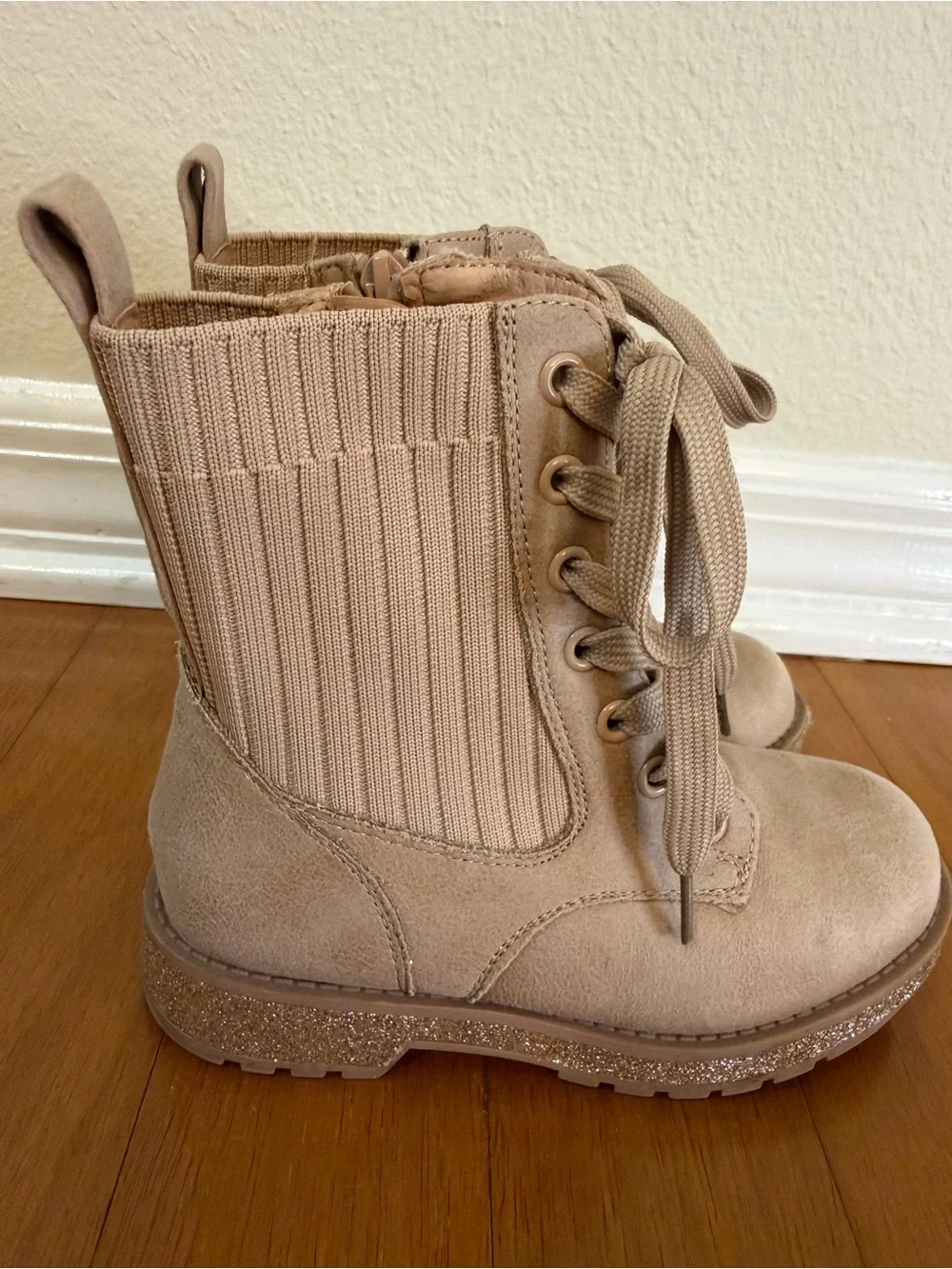 MIA Tan Lace-Up Combat Boots with Glitter Sole Zip-up Girls Size 12 M